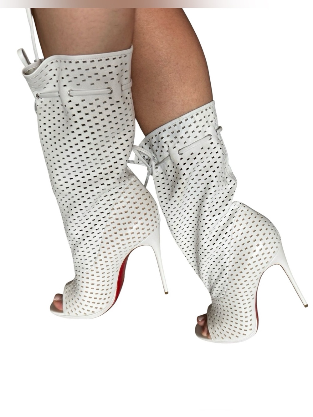 Christian Louboutin White laser cut Perforated Peep-Toe Stiletto Boots